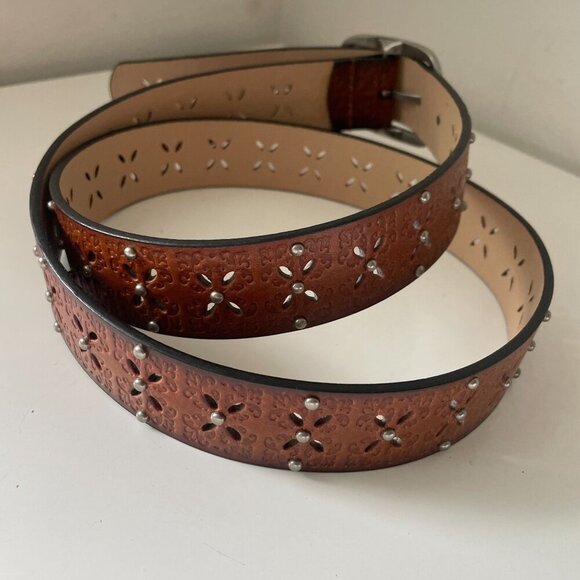 Leather Embossed Studded Cutout Floral Belt Women's Brown Wester Country Casual - Picture 3 of 10